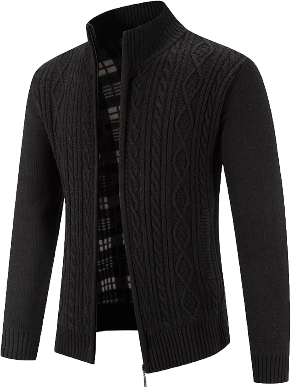Mens Knitted Cardigan Sweater Coat Slim Fit Lapel Collar Full Zip Soft Brushed Flannel Lining Solid Sweater Jacket