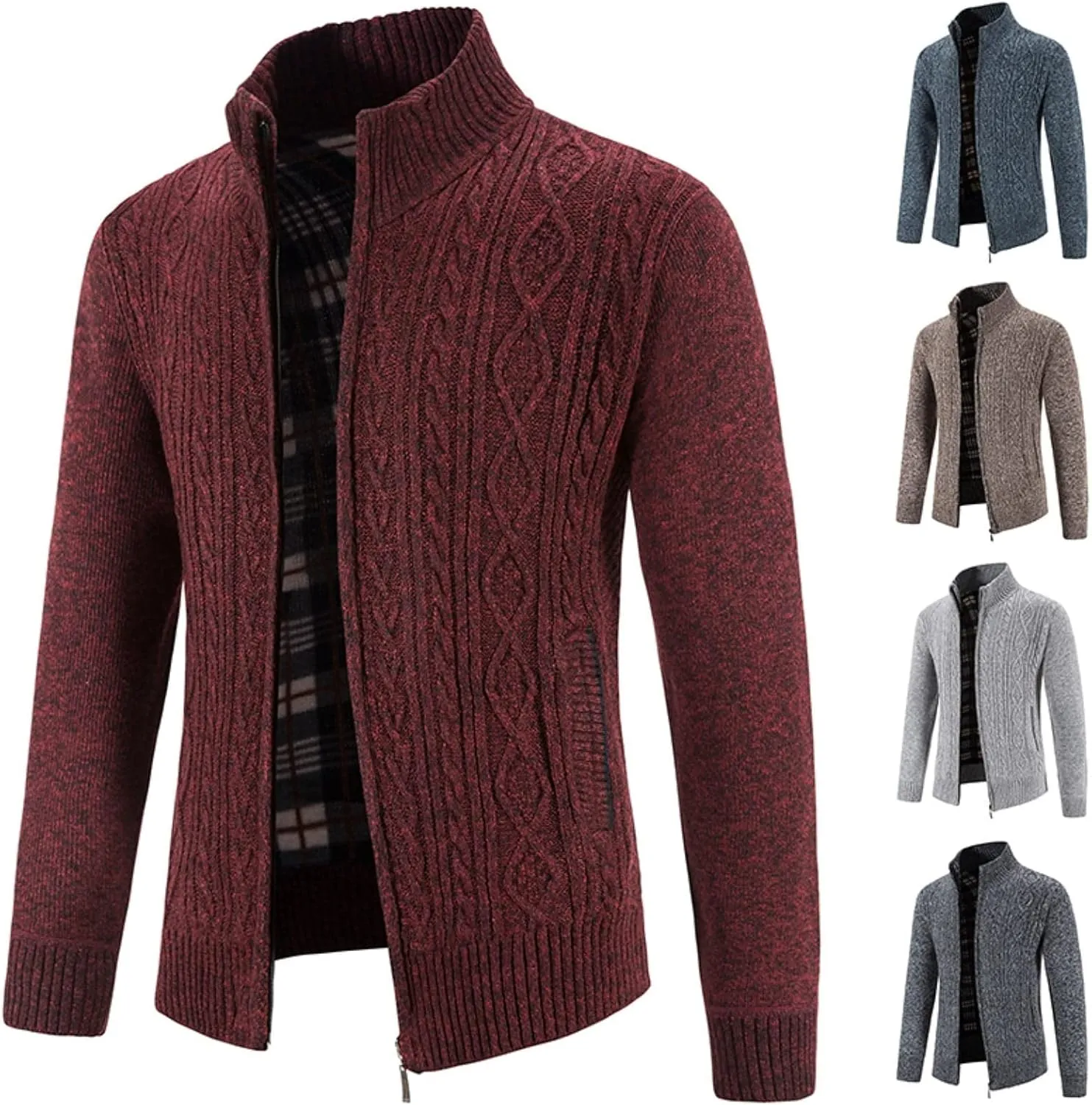 Mens Knitted Cardigan Sweater Coat Slim Fit Lapel Collar Full Zip Soft Brushed Flannel Lining Solid Sweater Jacket