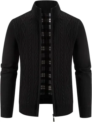 Mens Knitted Cardigan Sweater Coat Slim Fit Lapel Collar Full Zip Soft Brushed Flannel Lining Solid Sweater Jacket