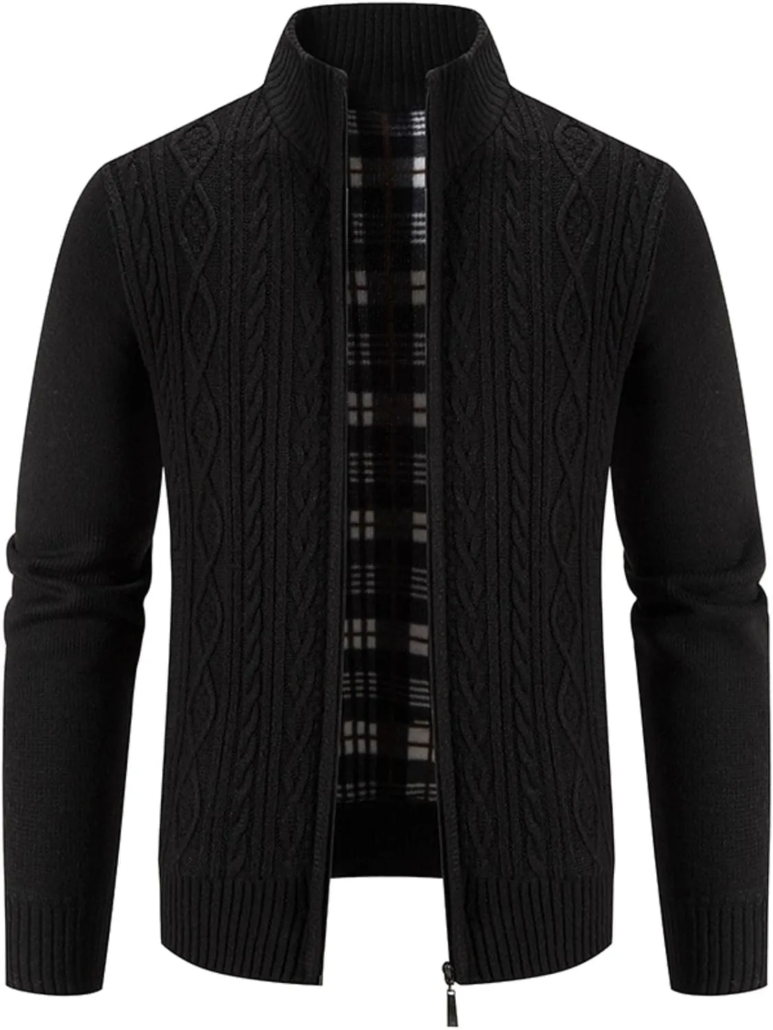 Mens Knitted Cardigan Sweater Coat Slim Fit Lapel Collar Full Zip Soft Brushed Flannel Lining Solid Sweater Jacket