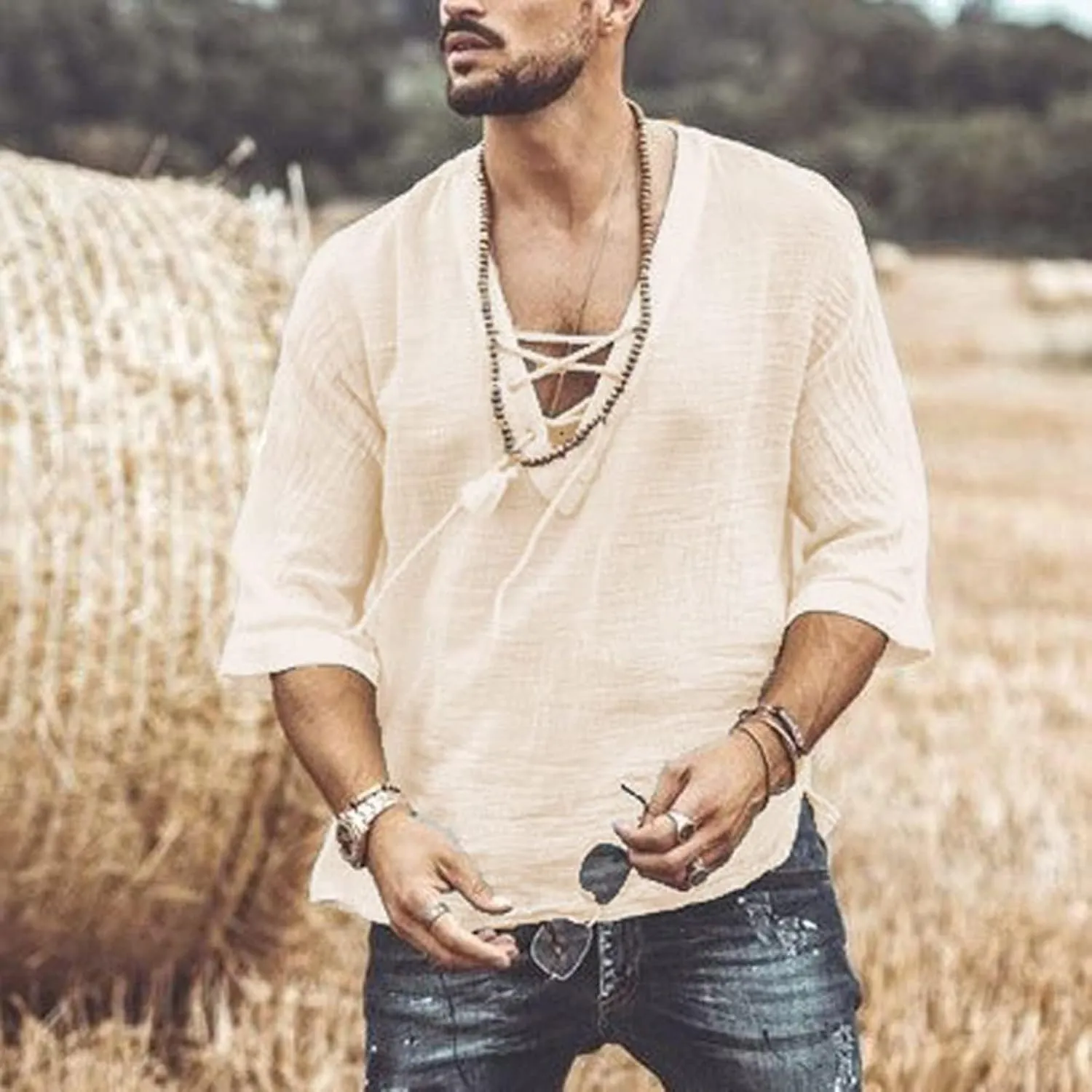 Mens Lace Up Drawstring Hippie Long Sleeve T Shirts Fashion Beach V-Neck Yoga Summer Top Solid Cotton Linen Shirts