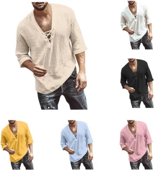 Mens Lace Up Drawstring Hippie Long Sleeve T Shirts Fashion Beach V-Neck Yoga Summer Top Solid Cotton Linen Shirts