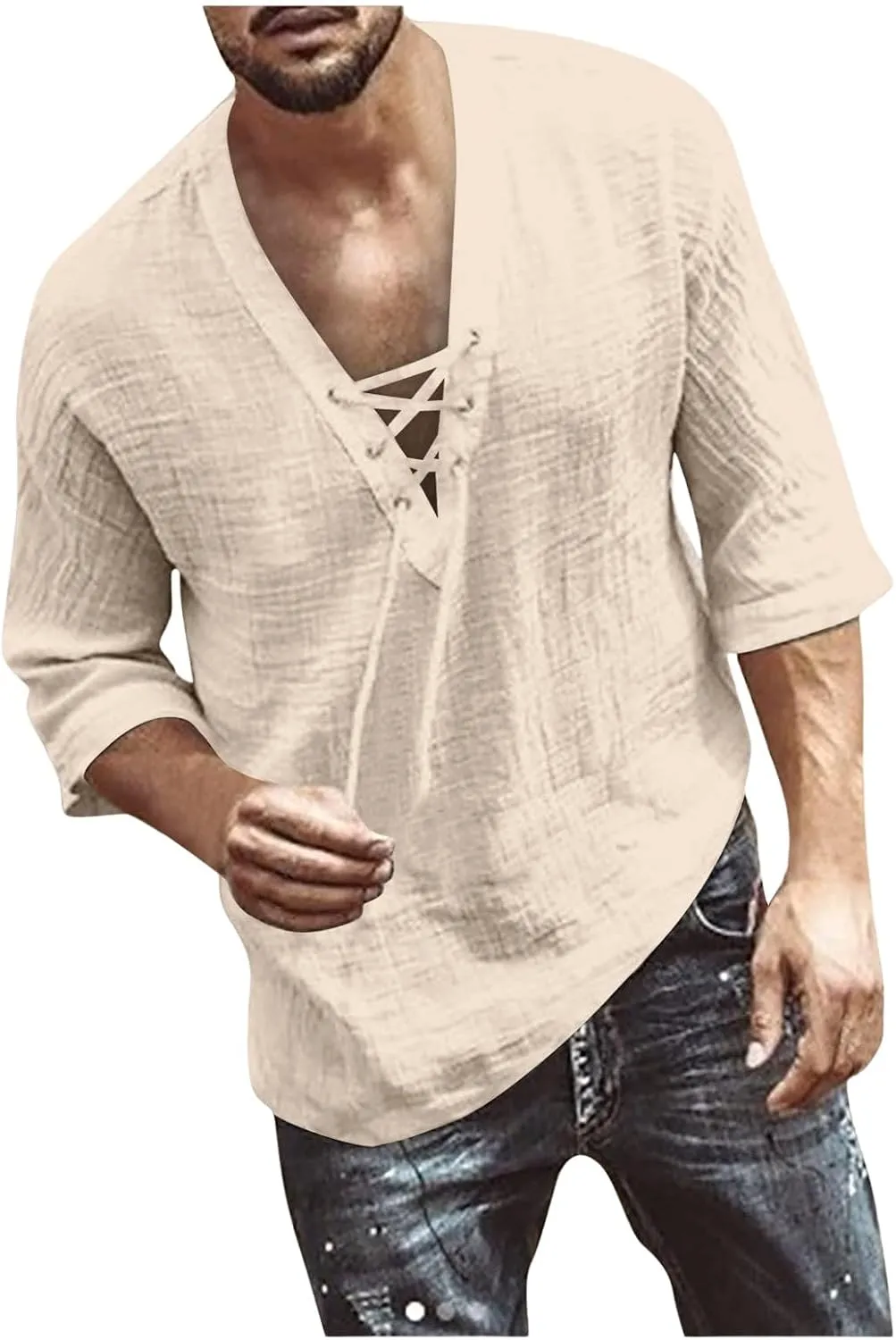 Mens Lace Up Drawstring Hippie Long Sleeve T Shirts Fashion Beach V-Neck Yoga Summer Top Solid Cotton Linen Shirts