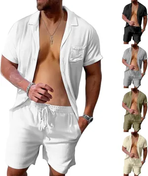 Mens Linen Sets 2 Piece Outfits Short Sleeve Cardigan Elastic Drawstring Shorts Lightweight Casual Baggy Beach Suits