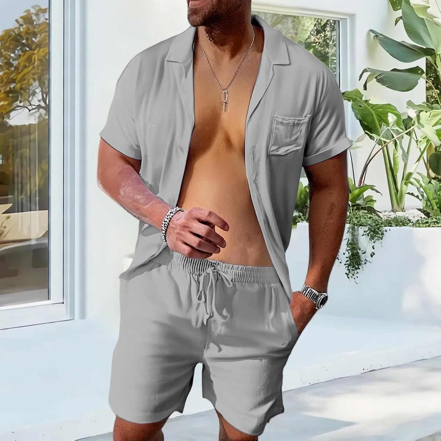 Mens Linen Sets 2 Piece Outfits Short Sleeve Cardigan Elastic Drawstring Shorts Lightweight Casual Baggy Beach Suits