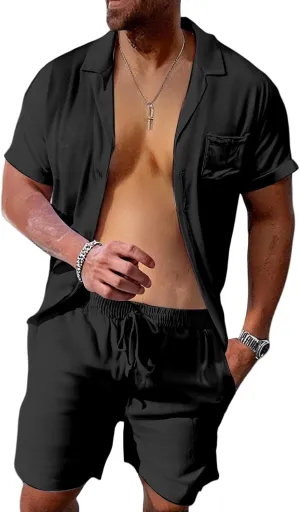 Mens Linen Sets 2 Piece Outfits Short Sleeve Cardigan Elastic Drawstring Shorts Lightweight Casual Baggy Beach Suits