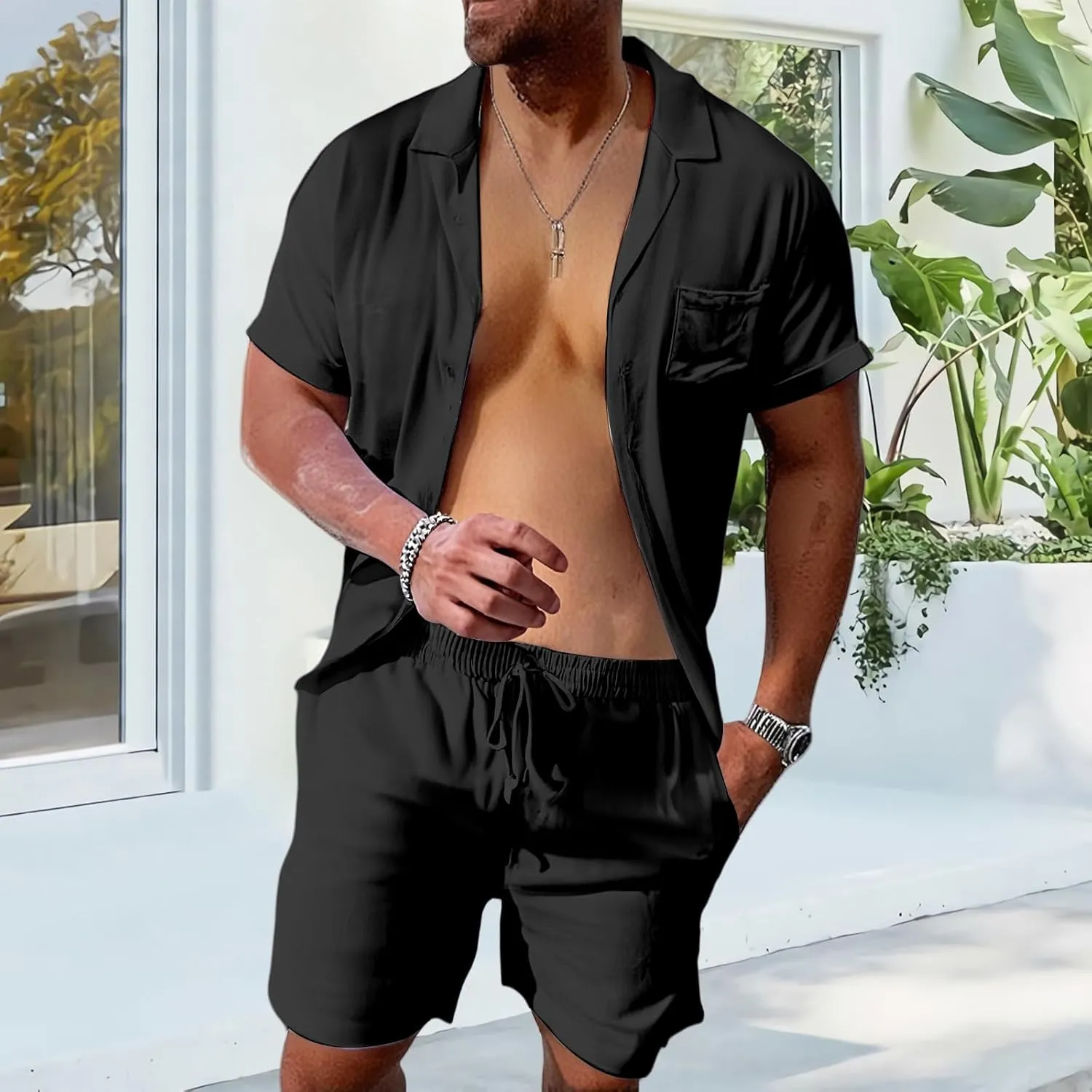 Mens Linen Sets 2 Piece Outfits Short Sleeve Cardigan Elastic Drawstring Shorts Lightweight Casual Baggy Beach Suits