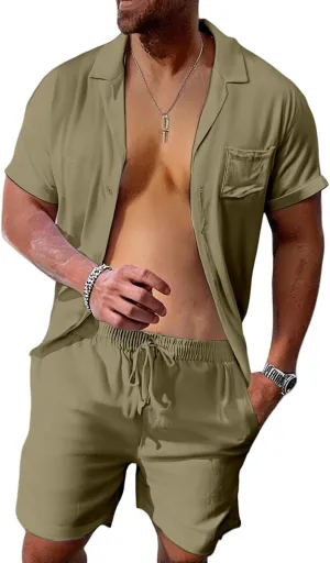 Mens Linen Sets 2 Piece Outfits Short Sleeve Cardigan Elastic Drawstring Shorts Lightweight Casual Baggy Beach Suits