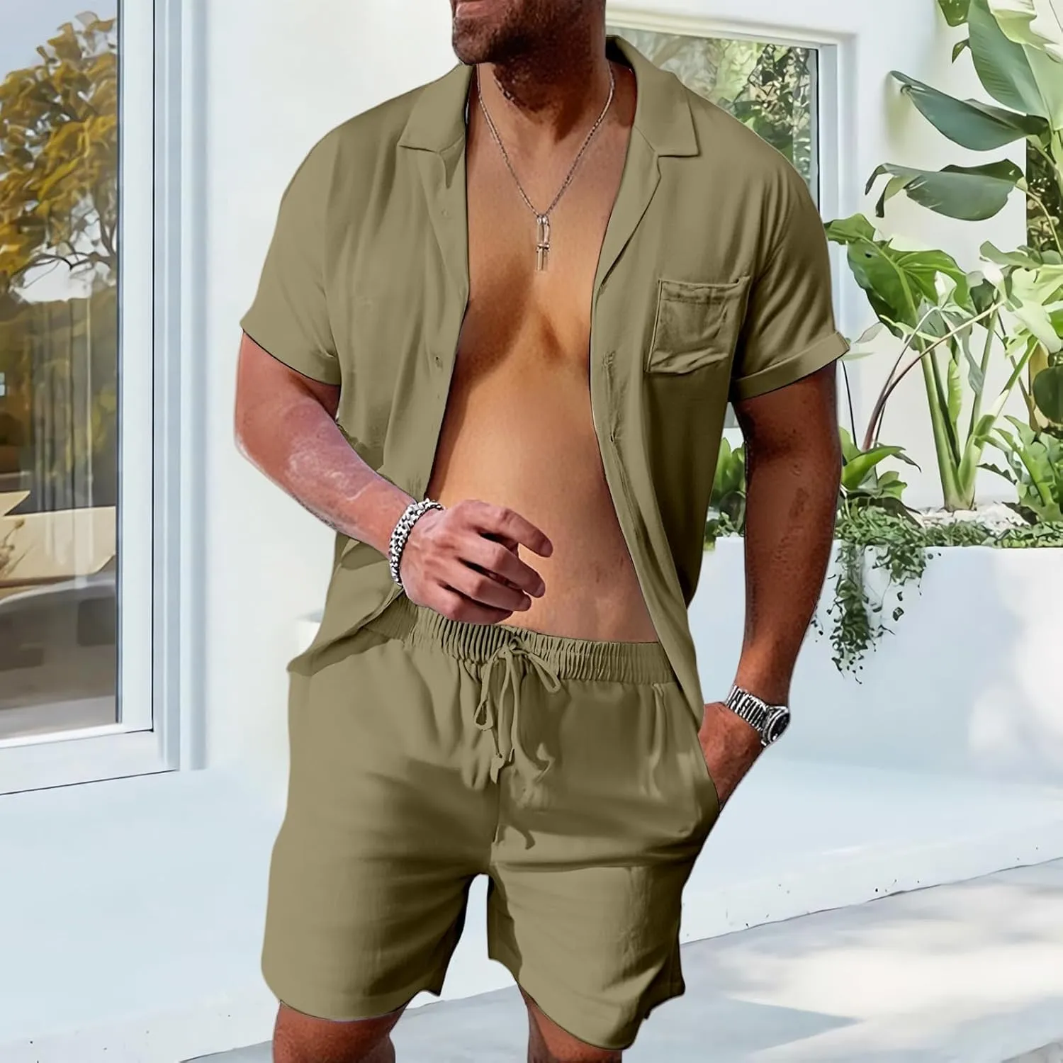 Mens Linen Sets 2 Piece Outfits Short Sleeve Cardigan Elastic Drawstring Shorts Lightweight Casual Baggy Beach Suits