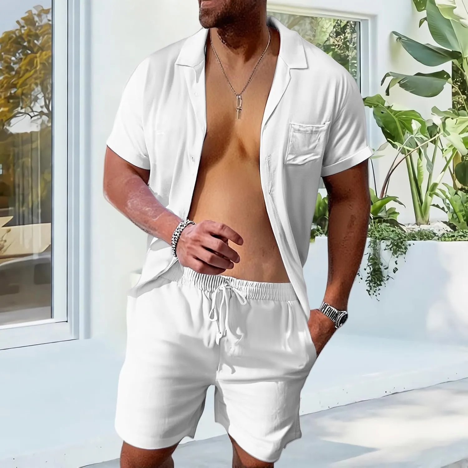 Mens Linen Sets 2 Piece Outfits Short Sleeve Cardigan Elastic Drawstring Shorts Lightweight Casual Baggy Beach Suits