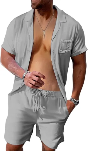 Mens Linen Sets 2 Piece Outfits Short Sleeve Cardigan Elastic Drawstring Shorts Lightweight Casual Baggy Beach Suits