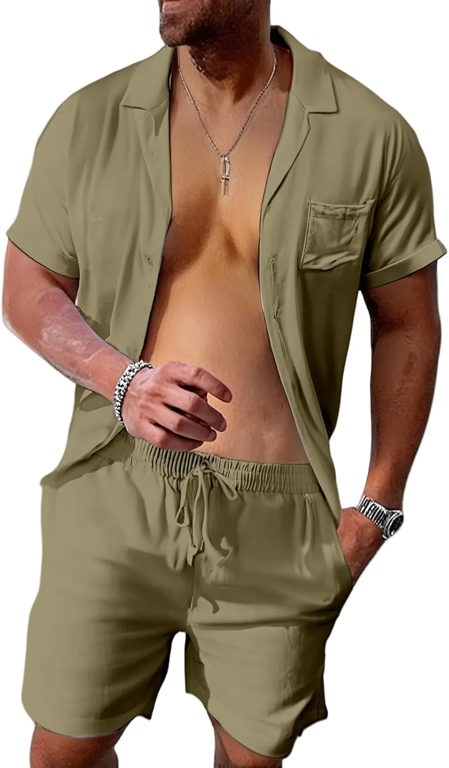 Mens Linen Sets 2 Piece Outfits Short Sleeve Cardigan Elastic Drawstring Shorts Lightweight Casual Baggy Beach Suits