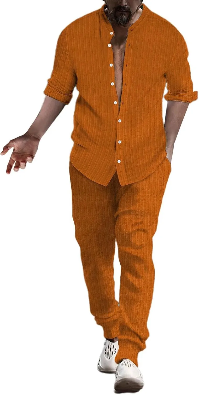 Men's Linen Shirt Sets Outfits 2 Pieces Henley Shirts Long Sleeve Loose Yoga Pants Beach Clothing 40 Regular Suit