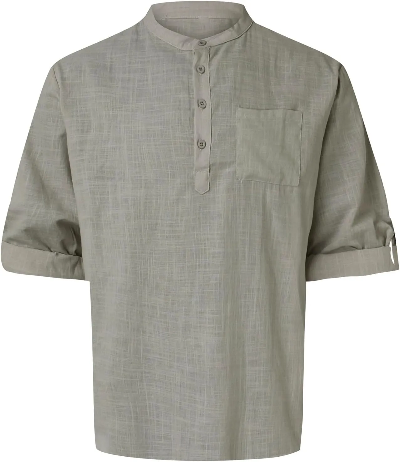 Men's Linen Shirts Button Down Casual Summer Long Sleeve Stand Henley T-Shirt Solid Hawaii Beach Wedding Tops with Pocket