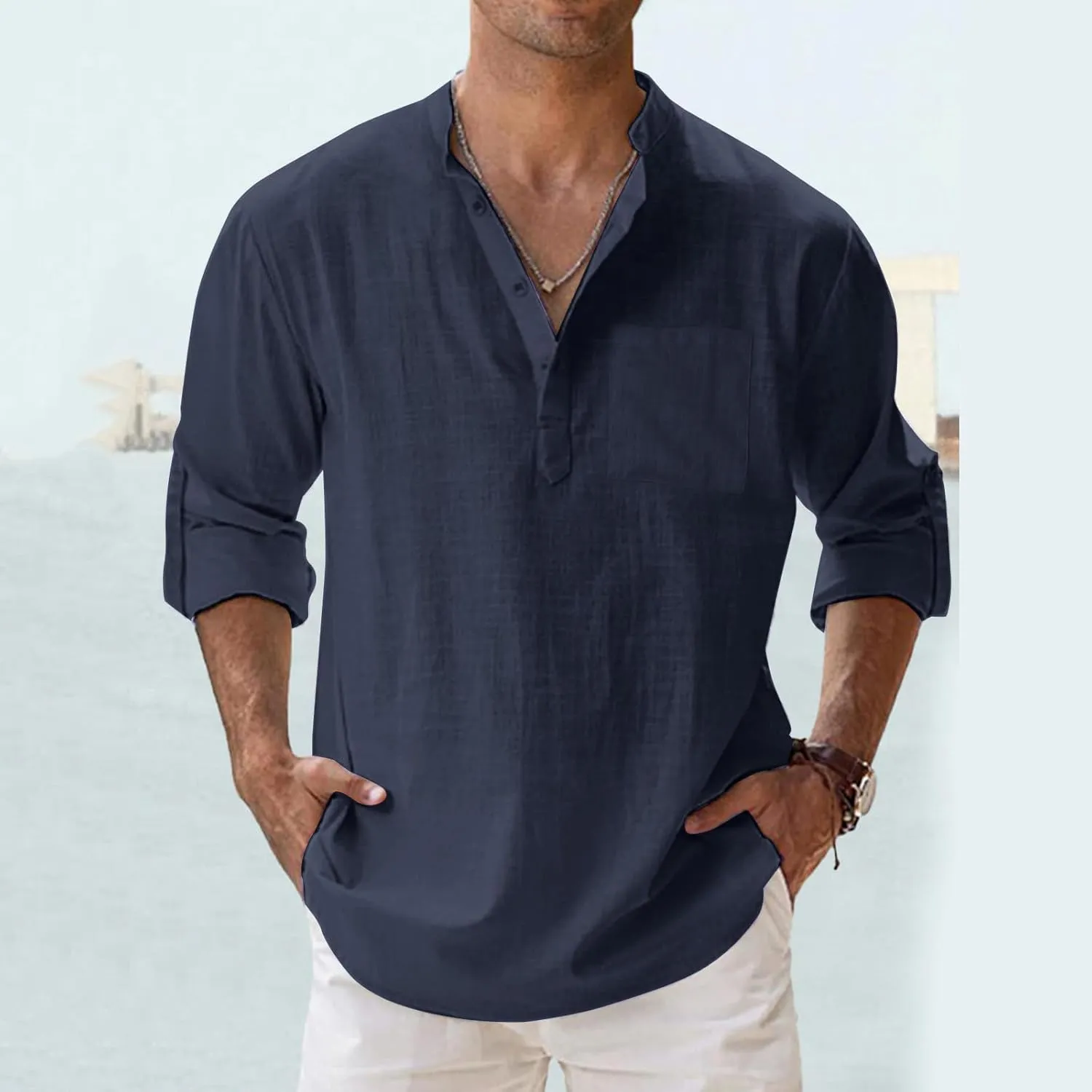 Men's Linen Shirts Button Down Casual Summer Long Sleeve Stand Henley T-Shirt Solid Hawaii Beach Wedding Tops with Pocket