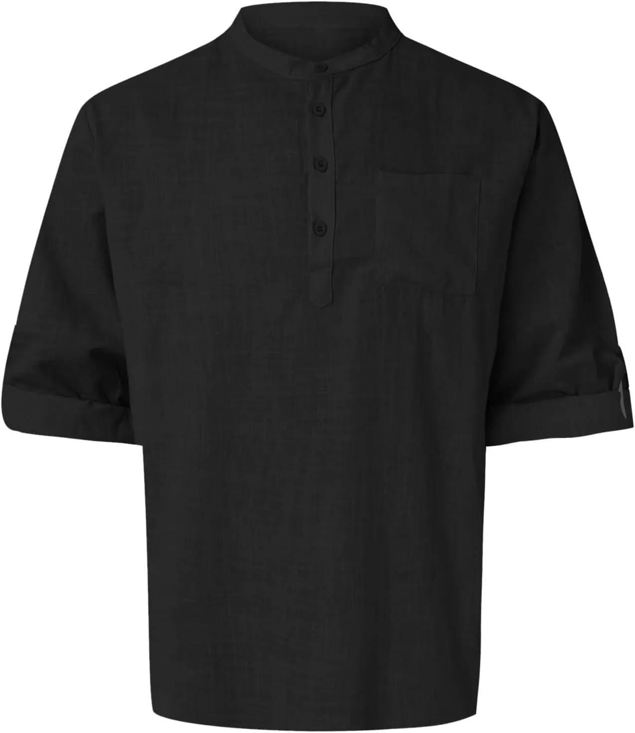 Men's Linen Shirts Button Down Casual Summer Long Sleeve Stand Henley T-Shirt Solid Hawaii Beach Wedding Tops with Pocket