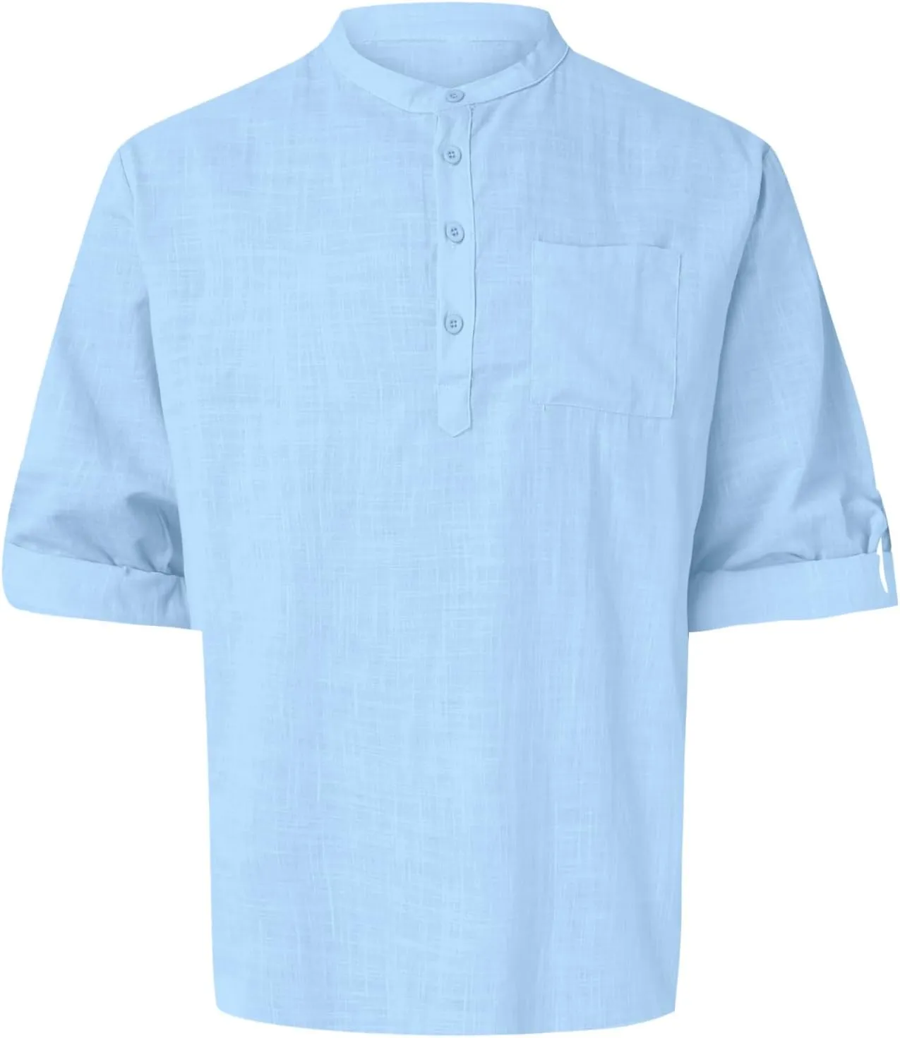 Men's Linen Shirts Button Down Casual Summer Long Sleeve Stand Henley T-Shirt Solid Hawaii Beach Wedding Tops with Pocket