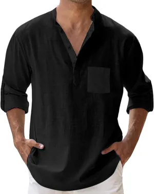Men's Linen Shirts Button Down Casual Summer Long Sleeve Stand Henley T-Shirt Solid Hawaii Beach Wedding Tops with Pocket