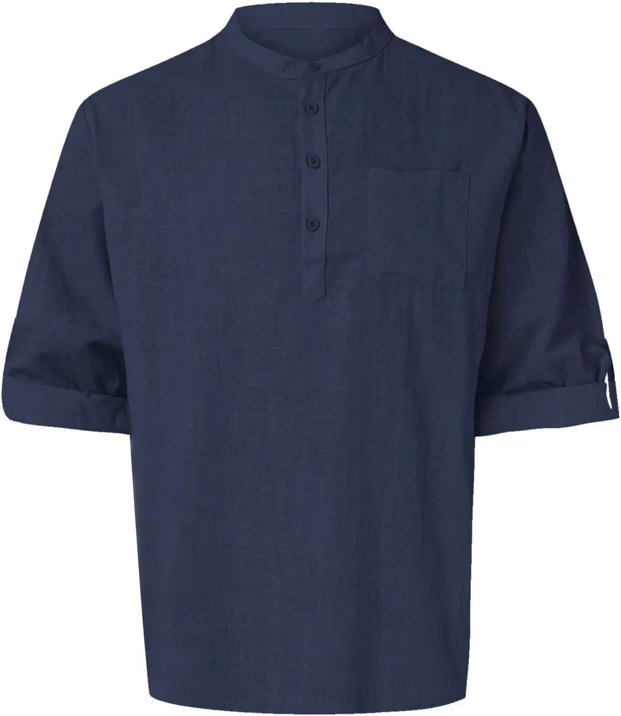 Men's Linen Shirts Button Down Casual Summer Long Sleeve Stand Henley T-Shirt Solid Hawaii Beach Wedding Tops with Pocket