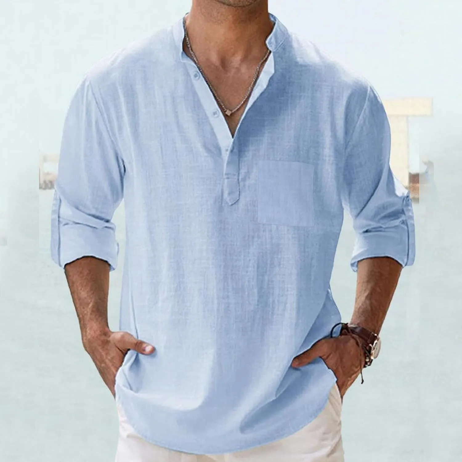 Men's Linen Shirts Button Down Casual Summer Long Sleeve Stand Henley T-Shirt Solid Hawaii Beach Wedding Tops with Pocket
