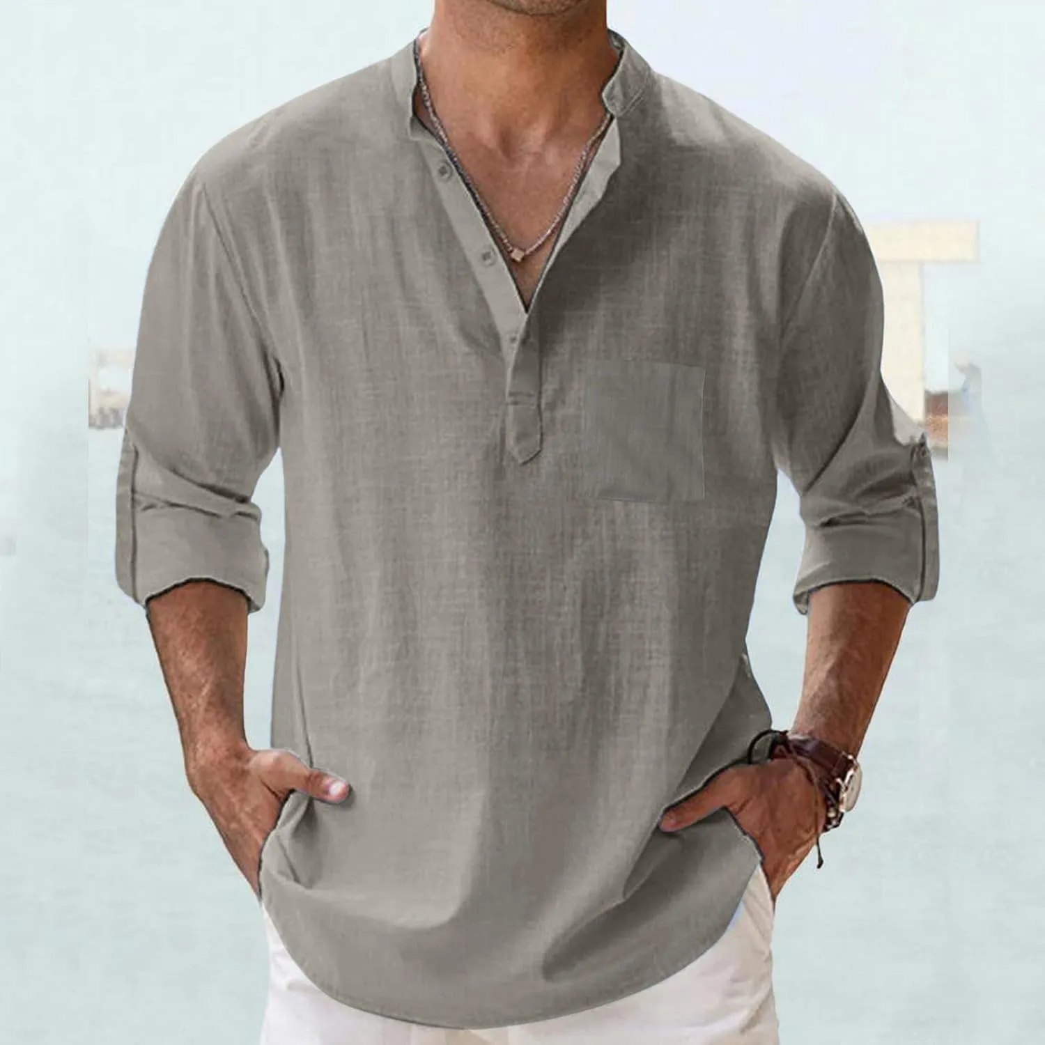 Men's Linen Shirts Button Down Casual Summer Long Sleeve Stand Henley T-Shirt Solid Hawaii Beach Wedding Tops with Pocket