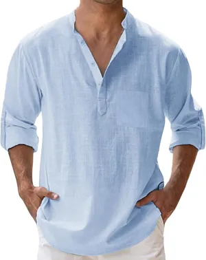Men's Linen Shirts Button Down Casual Summer Long Sleeve Stand Henley T-Shirt Solid Hawaii Beach Wedding Tops with Pocket