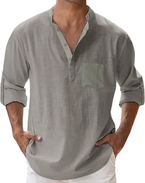 Men's Linen Shirts Button Down Casual Summer Long Sleeve Stand Henley T-Shirt Solid Hawaii Beach Wedding Tops with Pocket
