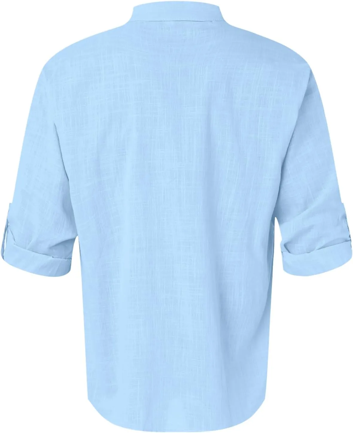 Men's Linen Shirts Button Down Casual Summer Long Sleeve Stand Henley T-Shirt Solid Hawaii Beach Wedding Tops with Pocket
