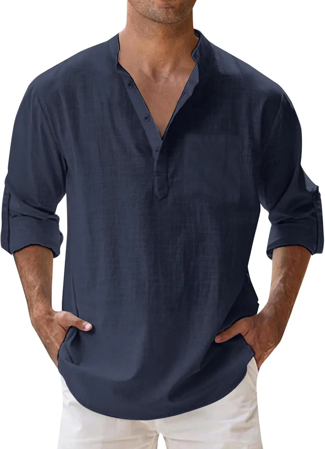 Men's Linen Shirts Button Down Casual Summer Long Sleeve Stand Henley T-Shirt Solid Hawaii Beach Wedding Tops with Pocket