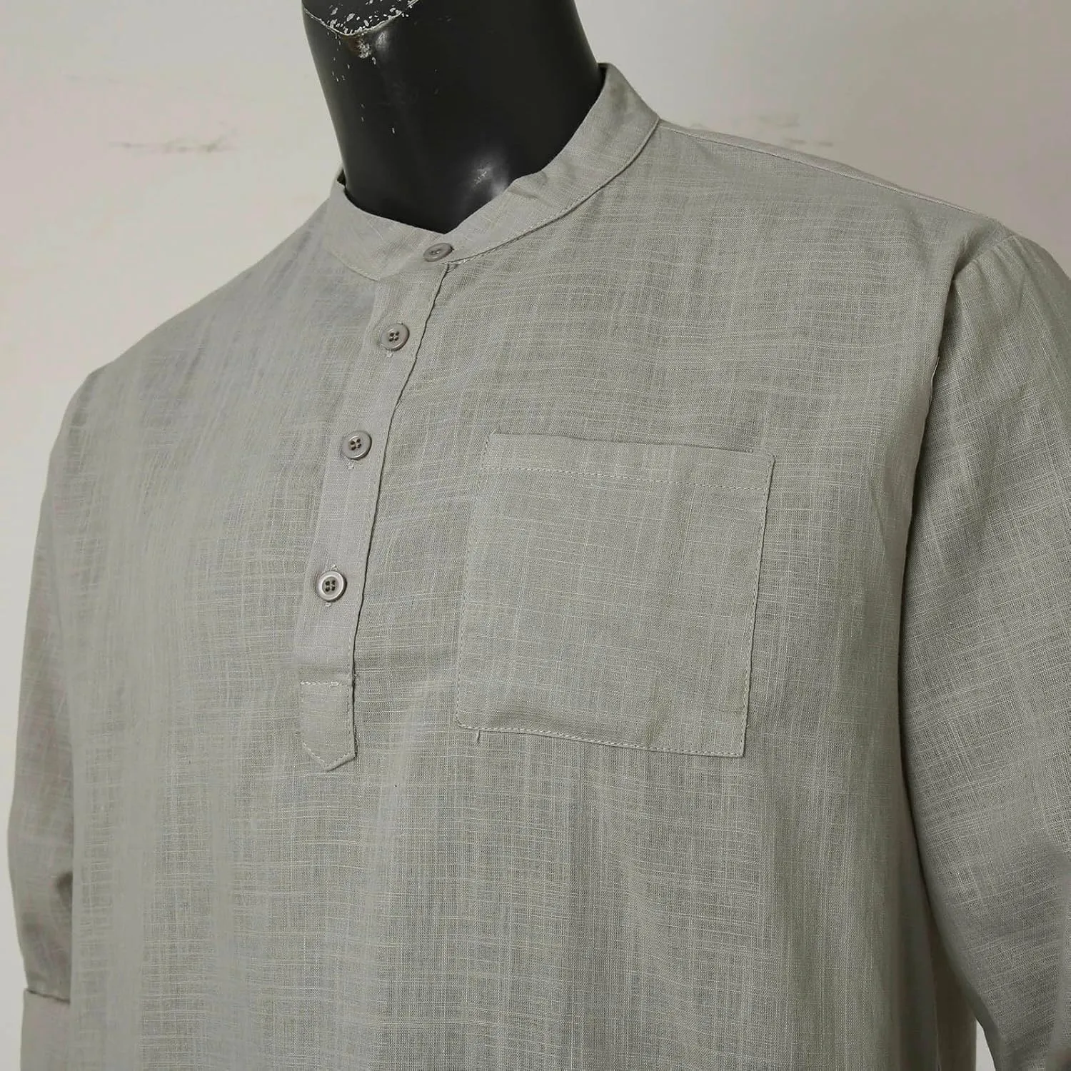 Men's Linen Shirts Button Down Casual Summer Long Sleeve Stand Henley T-Shirt Solid Hawaii Beach Wedding Tops with Pocket
