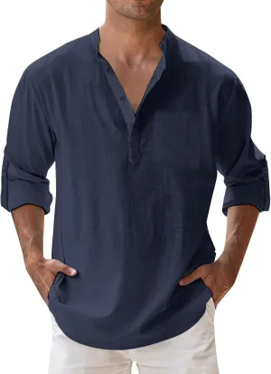 Men's Linen Shirts Button Down Casual Summer Long Sleeve Stand Henley T-Shirt Solid Hawaii Beach Wedding Tops with Pocket