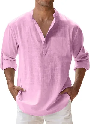 Men's Long Sleeve Shirt Linen Roll Up Cotton Beach Casual Shirts Henley T-Shirt Band Collar Vacation Tops with Pocket