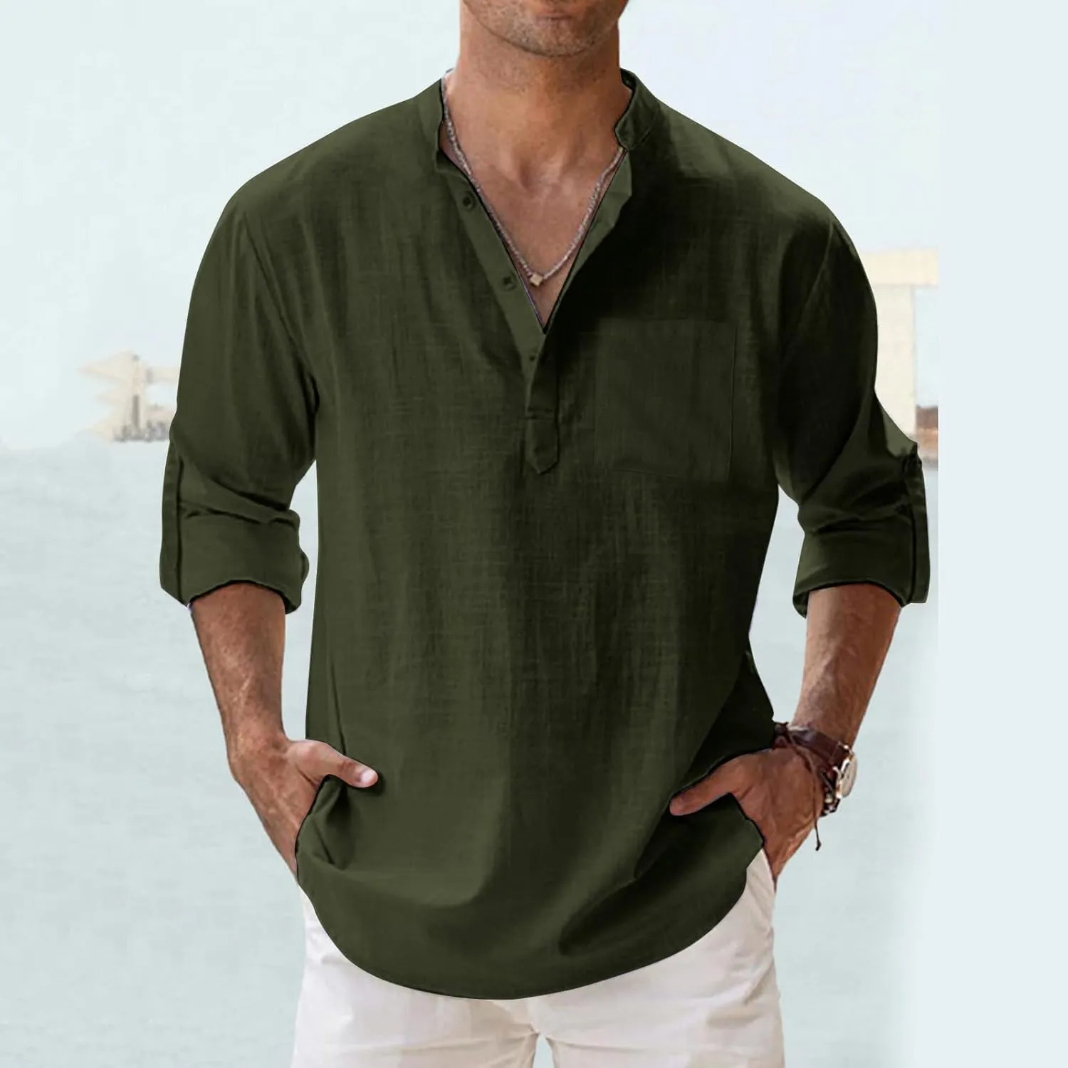 Men's Long Sleeve Shirt Linen Roll Up Cotton Beach Casual Shirts Henley T-Shirt Band Collar Vacation Tops with Pocket