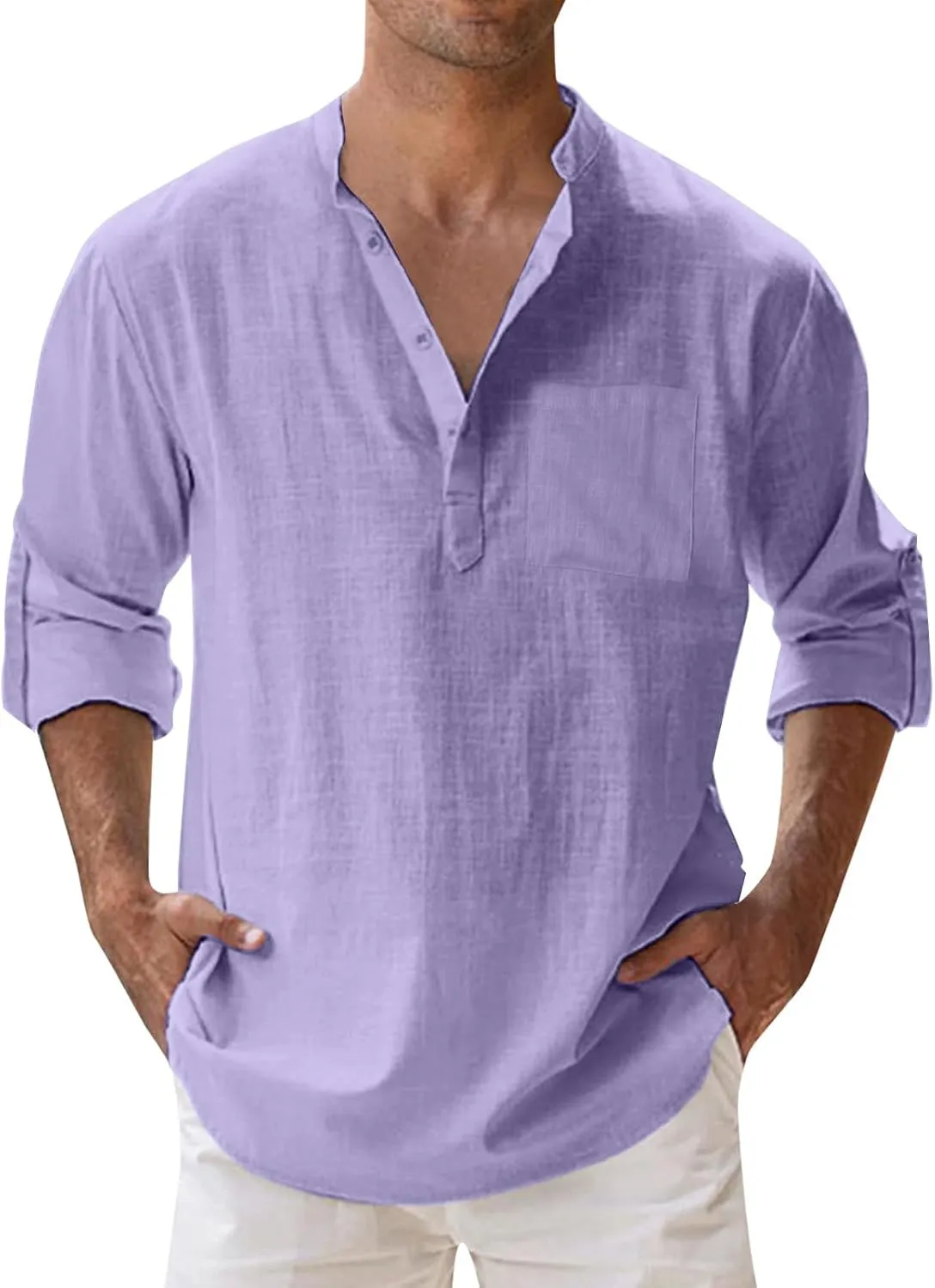 Men's Long Sleeve Shirt Linen Roll Up Cotton Beach Casual Shirts Henley T-Shirt Band Collar Vacation Tops with Pocket