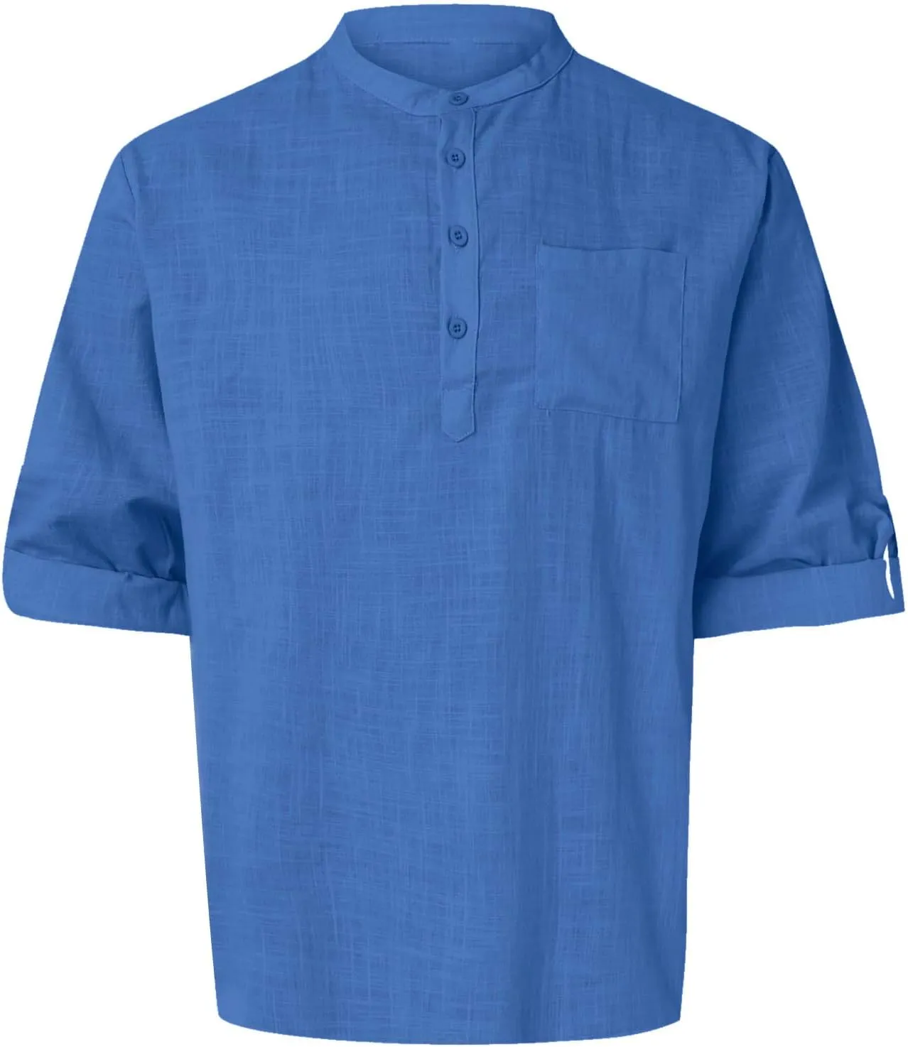 Men's Long Sleeve Shirt Linen Roll Up Cotton Beach Casual Shirts Henley T-Shirt Band Collar Vacation Tops with Pocket