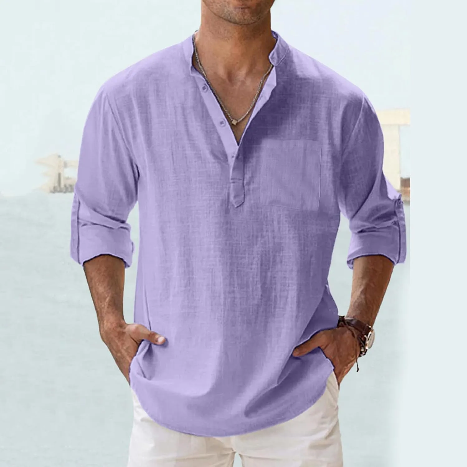 Men's Long Sleeve Shirt Linen Roll Up Cotton Beach Casual Shirts Henley T-Shirt Band Collar Vacation Tops with Pocket