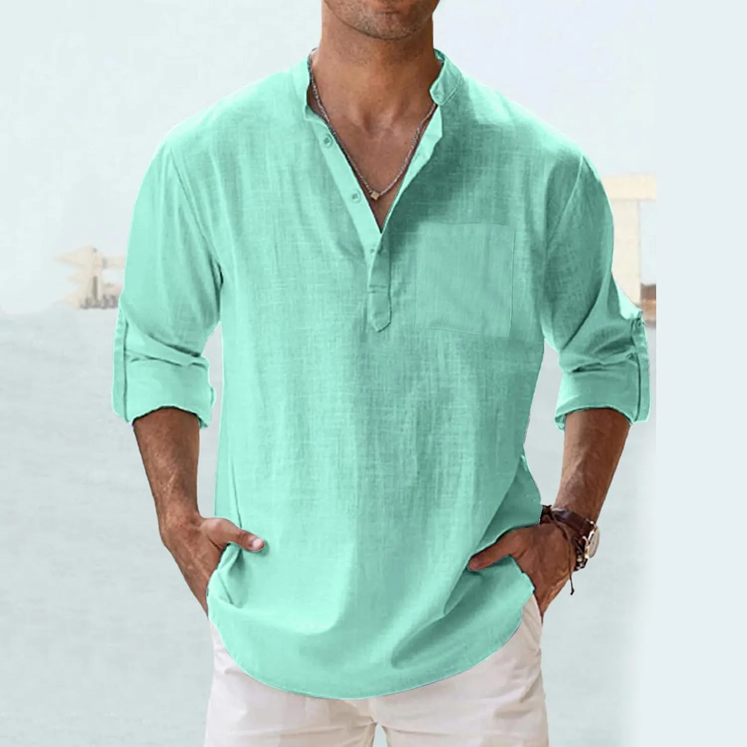 Men's Long Sleeve Shirt Linen Roll Up Cotton Beach Casual Shirts Henley T-Shirt Band Collar Vacation Tops with Pocket