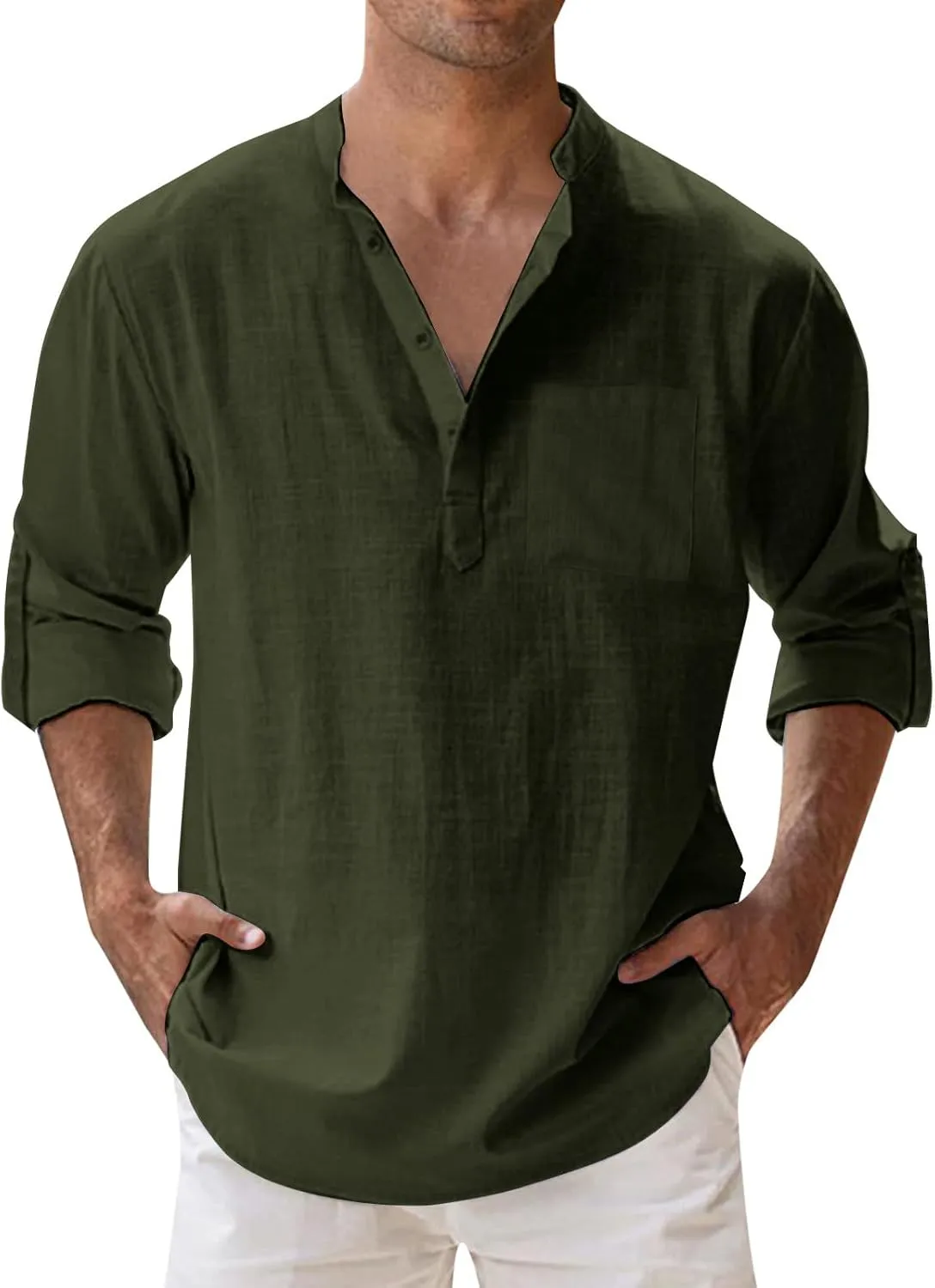 Men's Long Sleeve Shirt Linen Roll Up Cotton Beach Casual Shirts Henley T-Shirt Band Collar Vacation Tops with Pocket