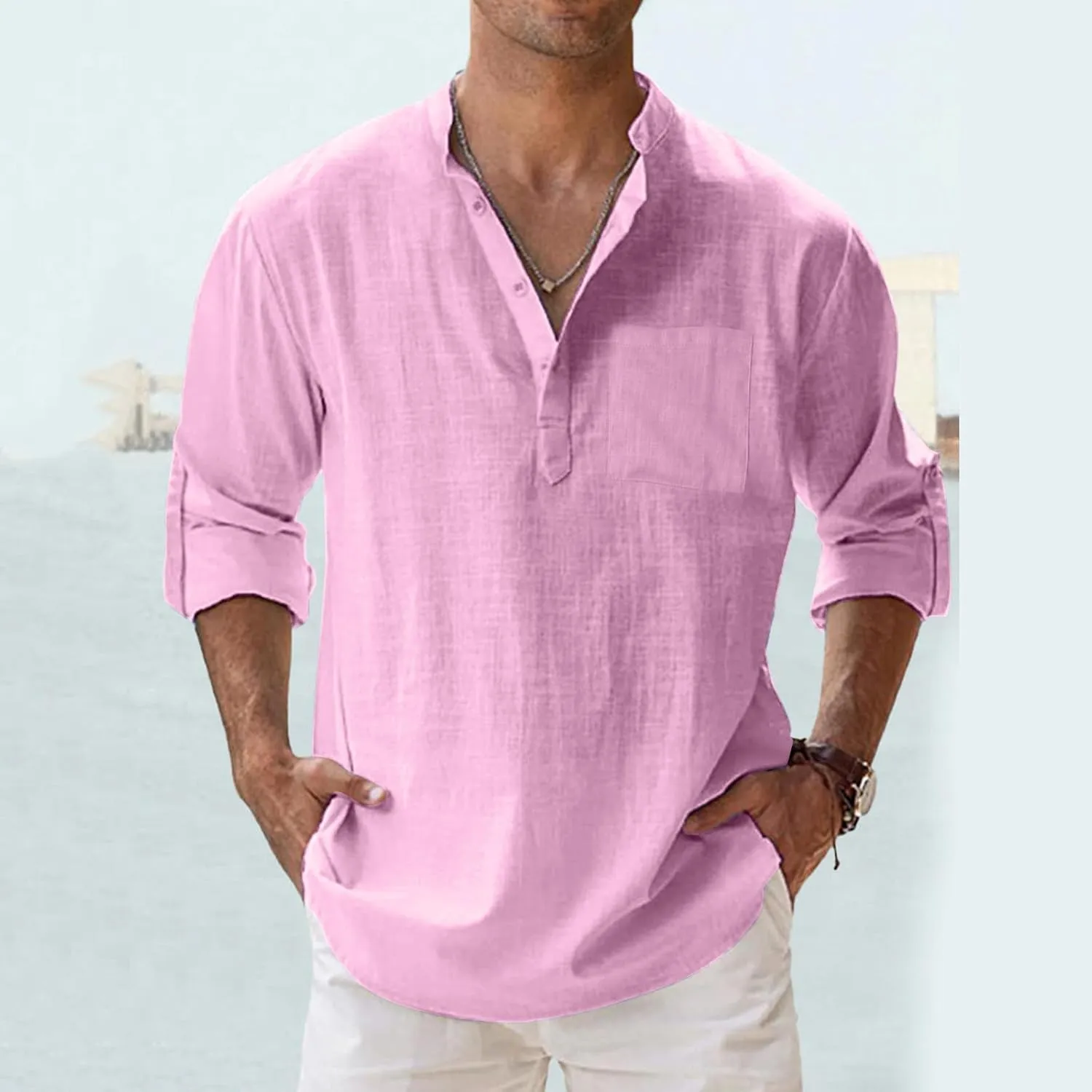 Men's Long Sleeve Shirt Linen Roll Up Cotton Beach Casual Shirts Henley T-Shirt Band Collar Vacation Tops with Pocket