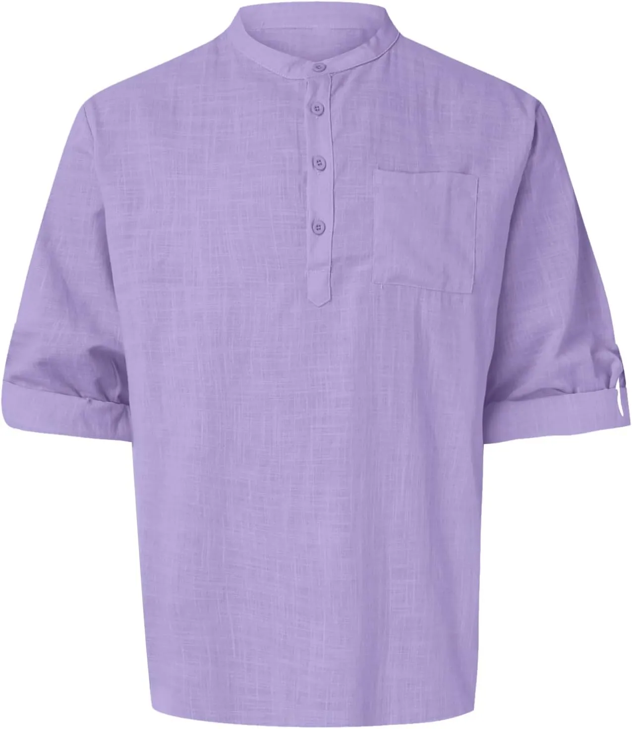 Men's Long Sleeve Shirt Linen Roll Up Cotton Beach Casual Shirts Henley T-Shirt Band Collar Vacation Tops with Pocket