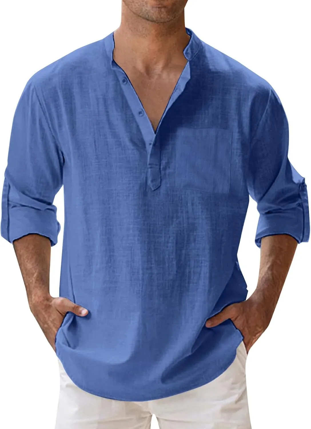 Men's Long Sleeve Shirt Linen Roll Up Cotton Beach Casual Shirts Henley T-Shirt Band Collar Vacation Tops with Pocket
