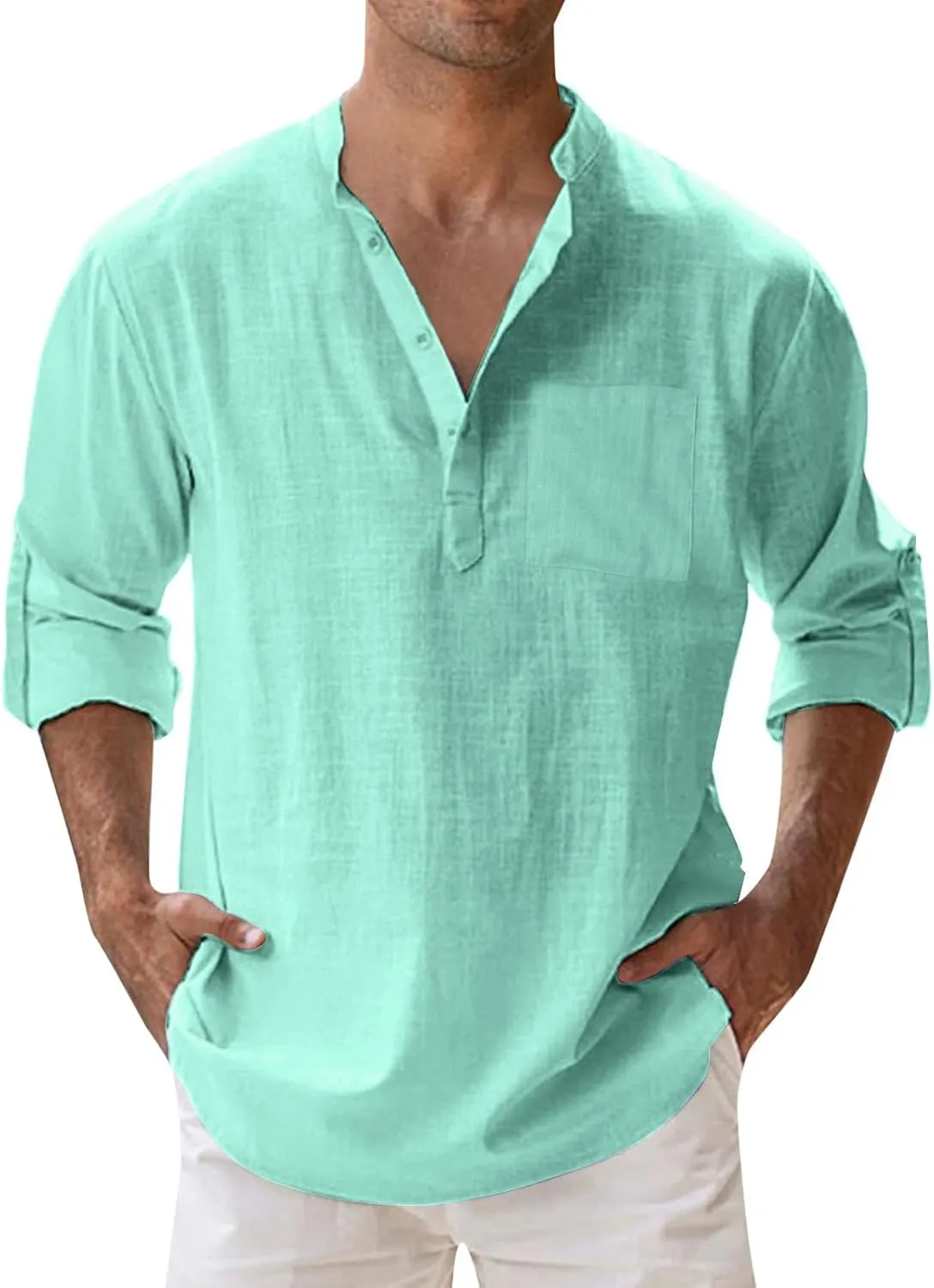 Men's Long Sleeve Shirt Linen Roll Up Cotton Beach Casual Shirts Henley T-Shirt Band Collar Vacation Tops with Pocket