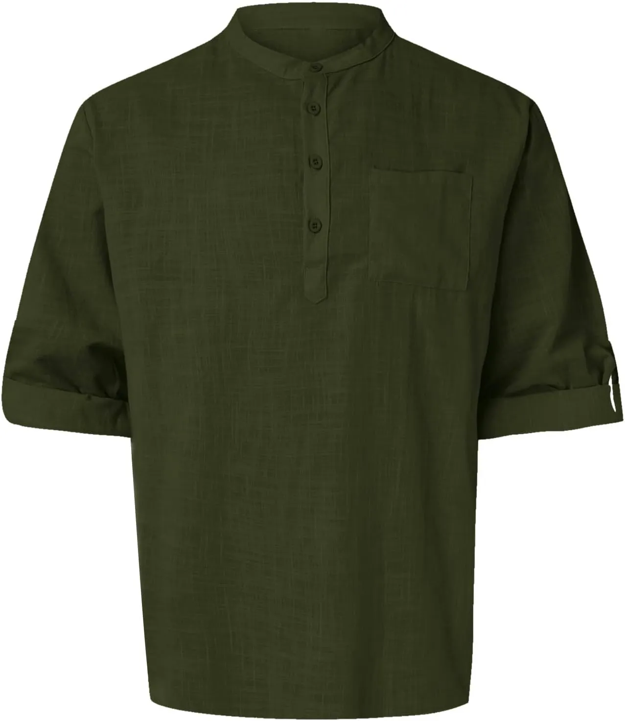 Men's Long Sleeve Shirt Linen Roll Up Cotton Beach Casual Shirts Henley T-Shirt Band Collar Vacation Tops with Pocket