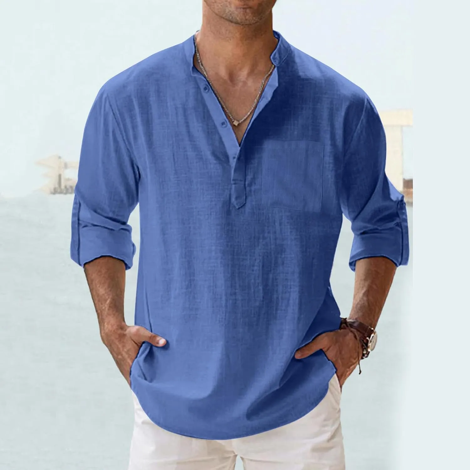 Men's Long Sleeve Shirt Linen Roll Up Cotton Beach Casual Shirts Henley T-Shirt Band Collar Vacation Tops with Pocket