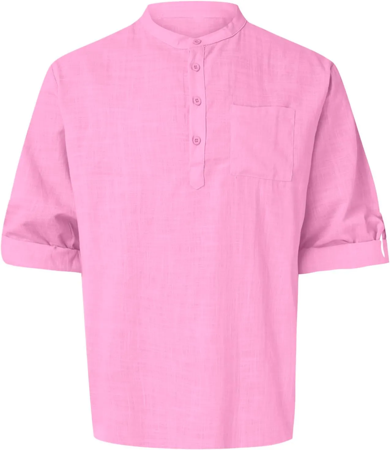 Men's Long Sleeve Shirt Linen Roll Up Cotton Beach Casual Shirts Henley T-Shirt Band Collar Vacation Tops with Pocket