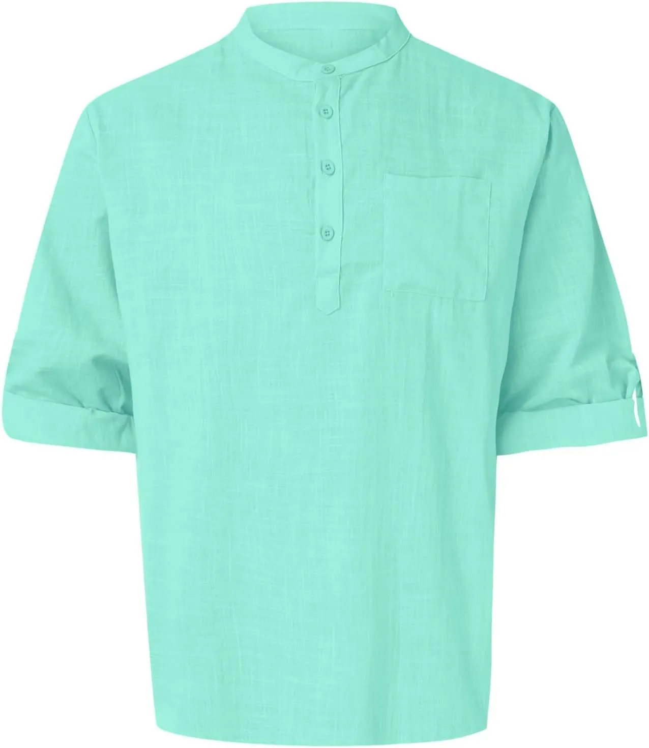 Men's Long Sleeve Shirt Linen Roll Up Cotton Beach Casual Shirts Henley T-Shirt Band Collar Vacation Tops with Pocket
