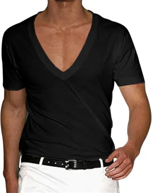 Mens Muscle T-Shirts Deep V Neck T Shirt Short Sleeve Workout T Shirts Gym Athletic Tee Shirts Bodybuilding T-Shirt