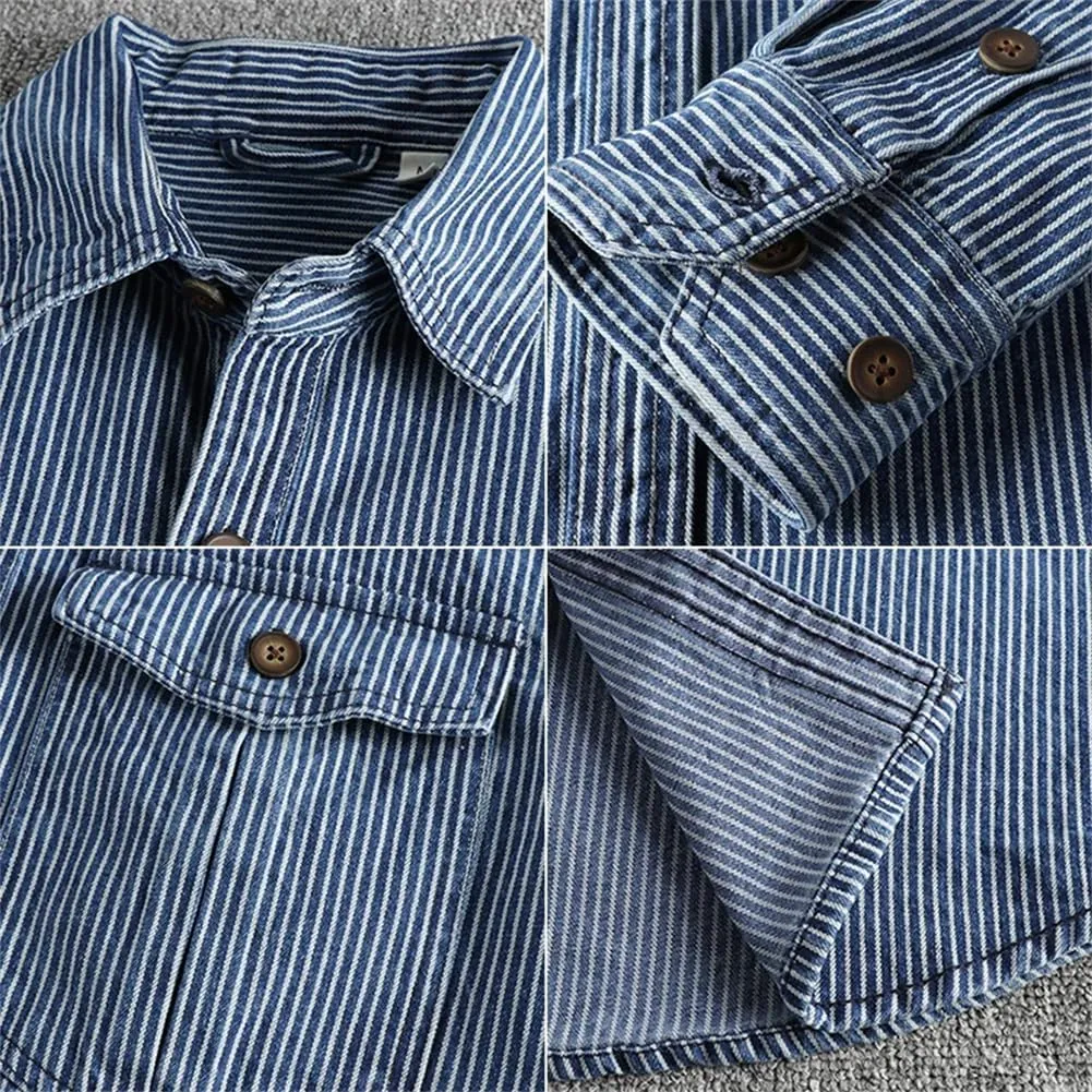 Mens Old Washed Striped Shirts Vintage Cargo Denim Shirt Long Sleeve American Casual Shirt Coat
