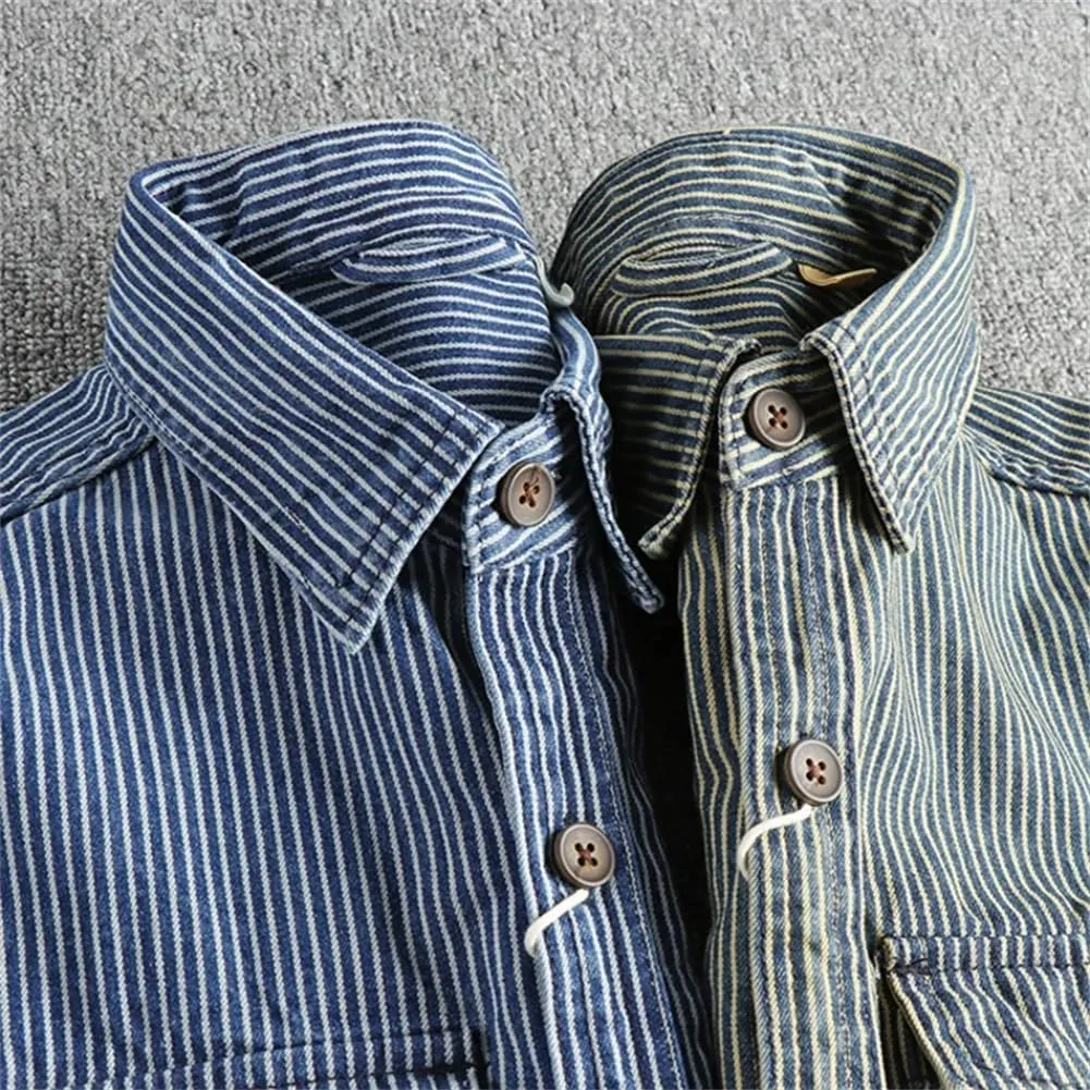 Mens Old Washed Striped Shirts Vintage Cargo Denim Shirt Long Sleeve American Casual Shirt Coat