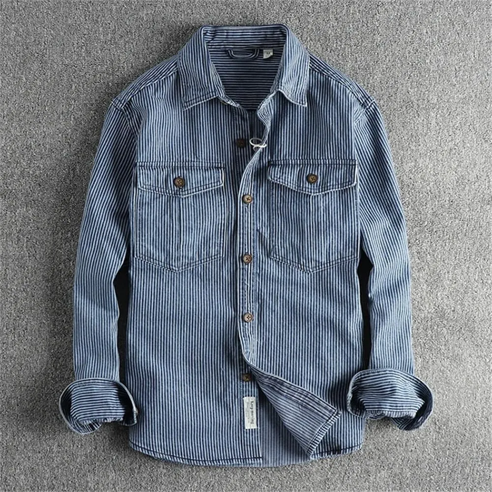 Mens Old Washed Striped Shirts Vintage Cargo Denim Shirt Long Sleeve American Casual Shirt Coat